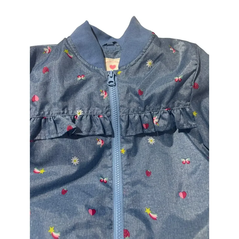 Carter’s 7 blue denim look windbreaker ruffed printed hearts rainbow nwt